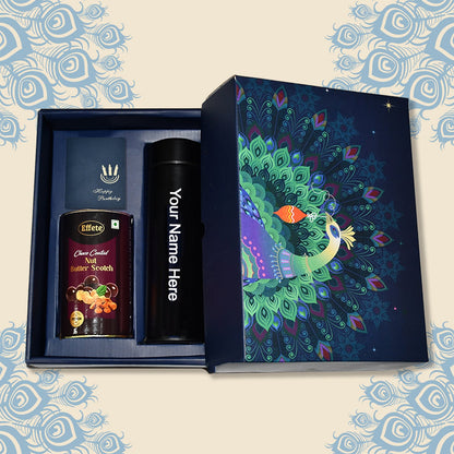 Personalized Temperature Water Bottle, Wishing card &amp; Chocolate (With Attractive Peacock Box / 3 Pc Set)