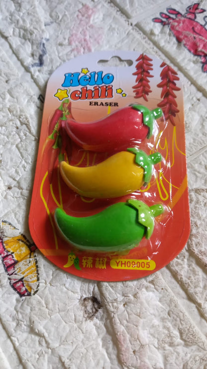 3D Fancy &amp; Stylish Colorful Chili Shape Erasers, Mini Eraser Creative Cute Novelty Eraser for Children Eraser Set for Return Gift, Birthday Party, School Prize, (3 pc Set)