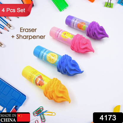 2 in1 Ice-Cream Cone Shaped Eraser Sharpener for Kids, Fancy &amp; Stylish Colorful Erasers, Mini Eraser Creative Cute Novelty Eraser for Children Different Designs Eraser Set for Return Gift, Birthday Party, School Prize (4 Pcs Set)