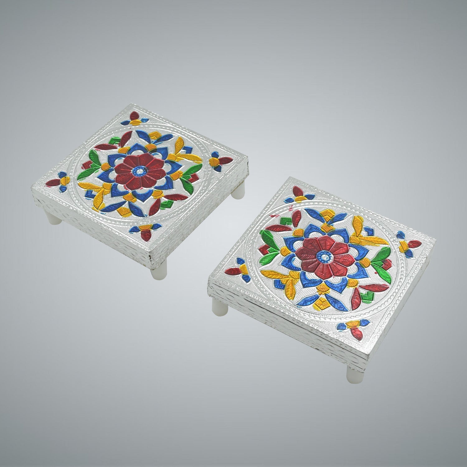 2 Pc Meenakari Wooden Chowki &amp; Bajot Set: For Home &amp; Office Puja (Multicolor)