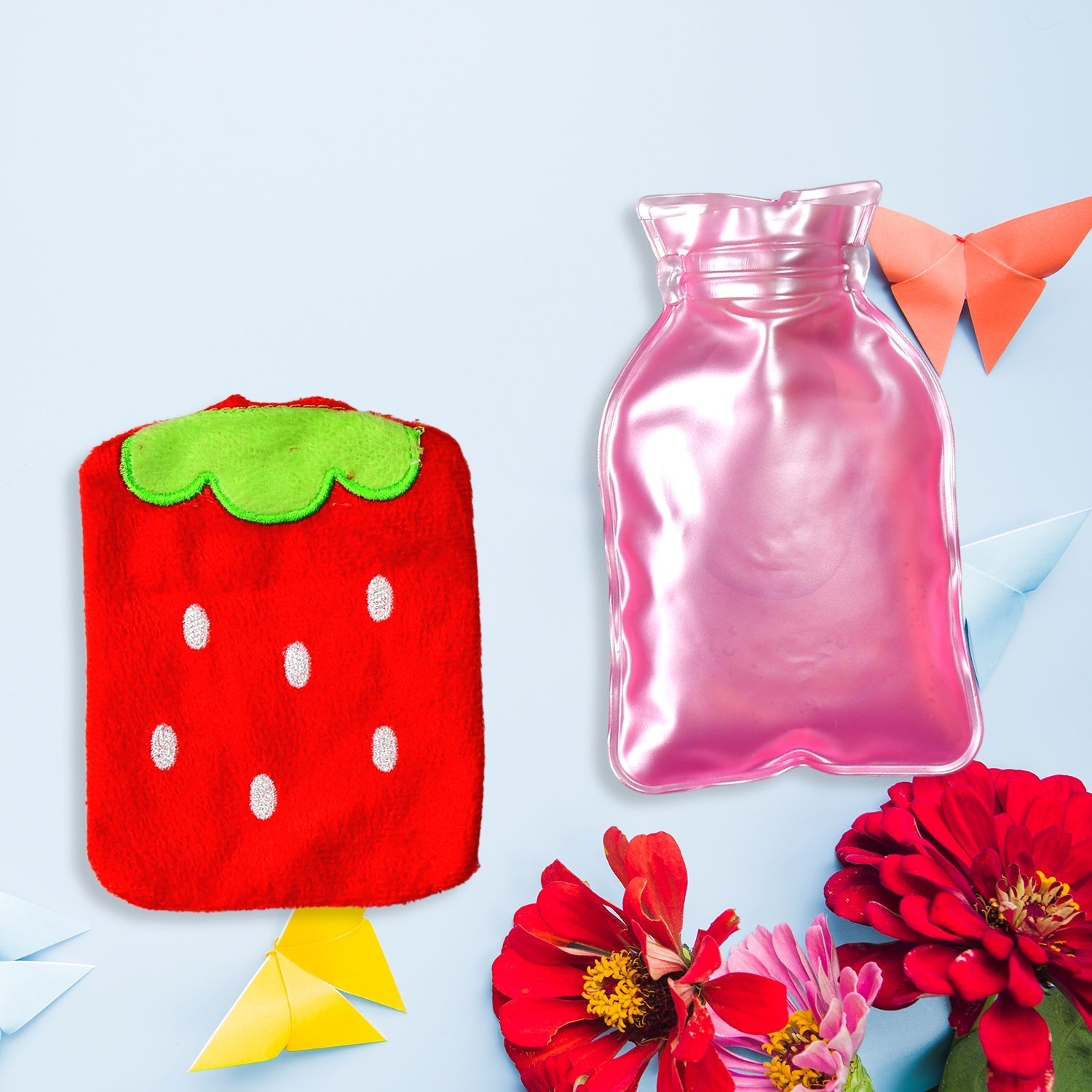 Mini hot water bag with strawberry design, perfect for shoulder pain.