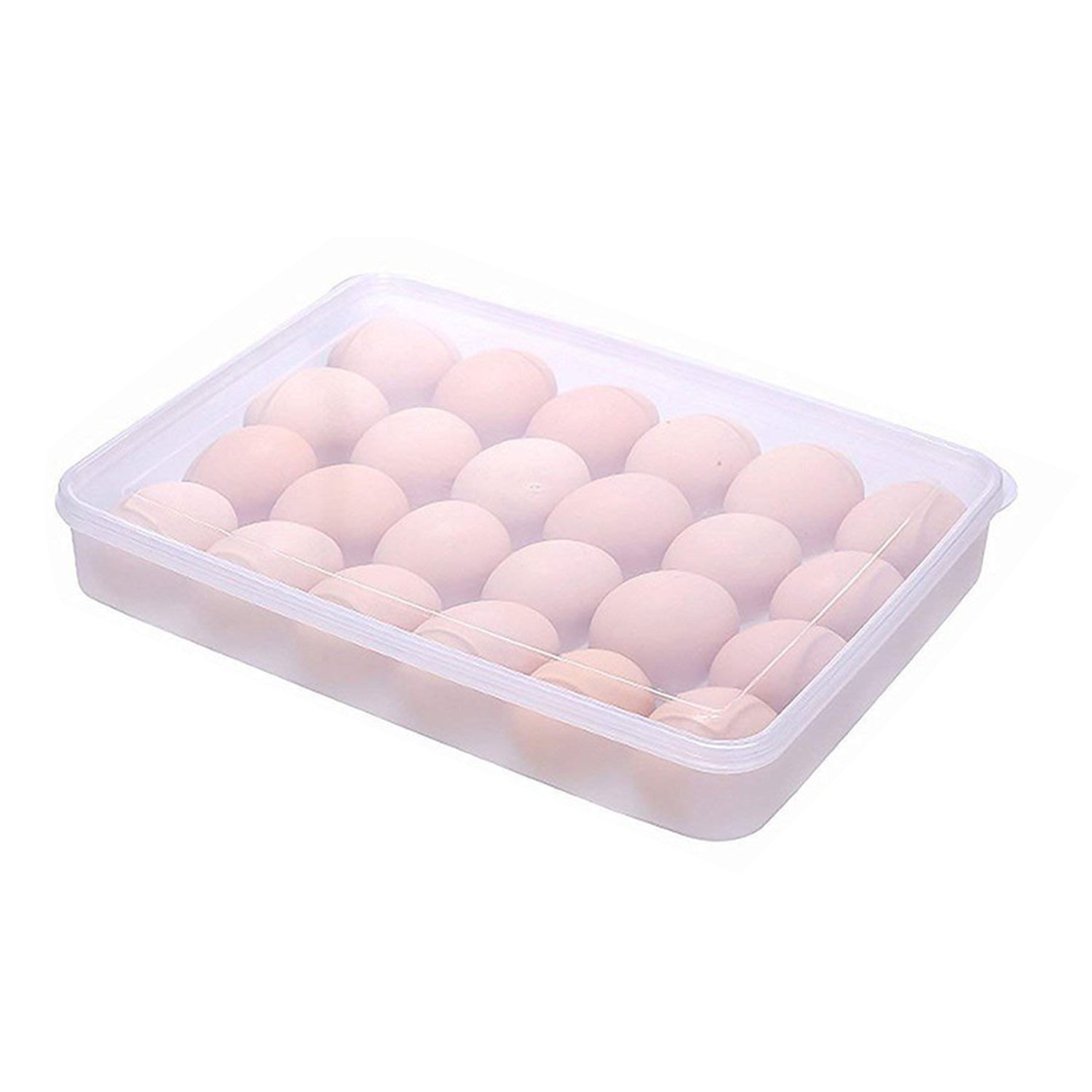 24-grid plastic egg box container with lid, designed to hold 2 dozen eggs for fridge storage