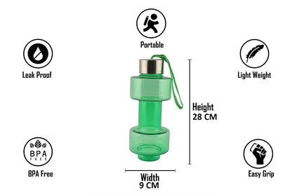 Unique dumbbell-shaped water bottle with a steel cap, ideal for workouts.