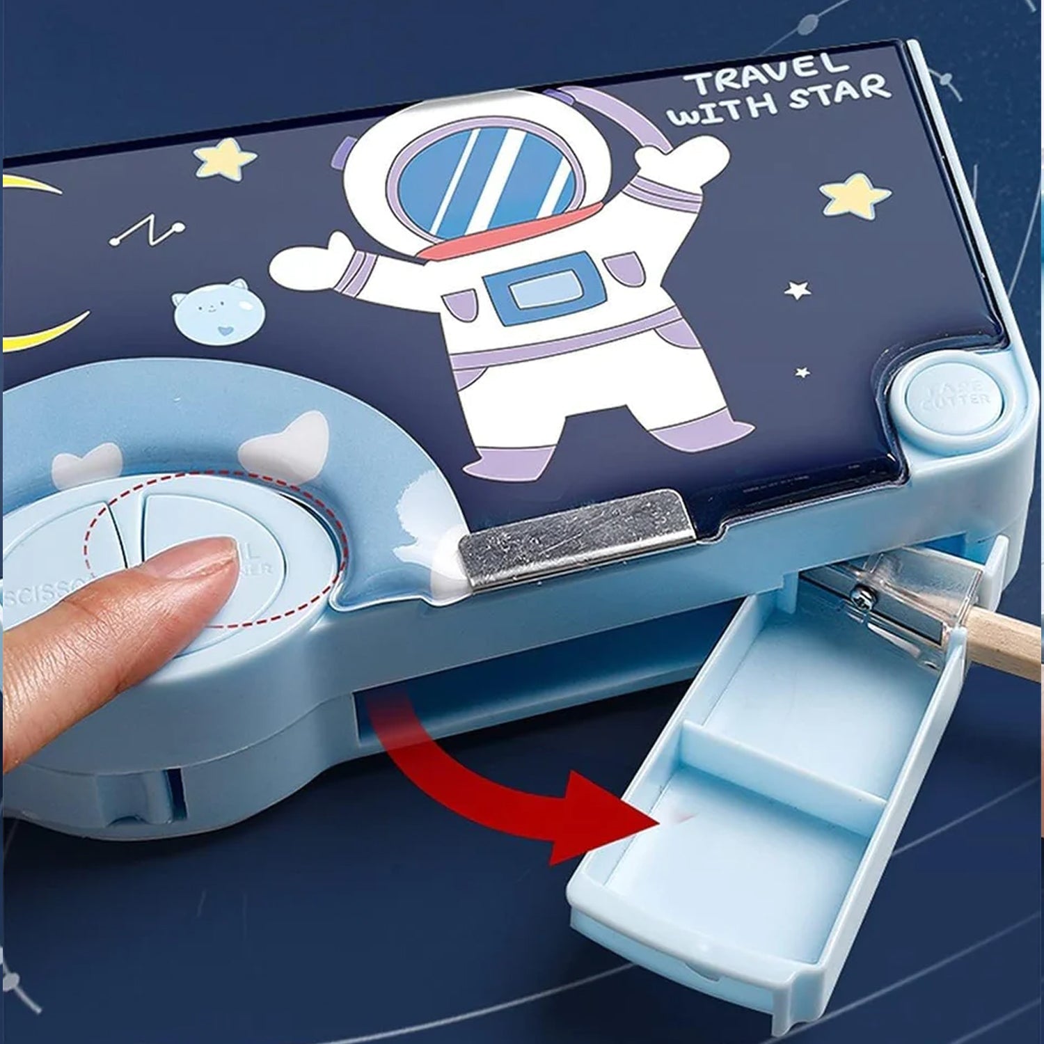 Space-themed pencil box for boys with pop-up design