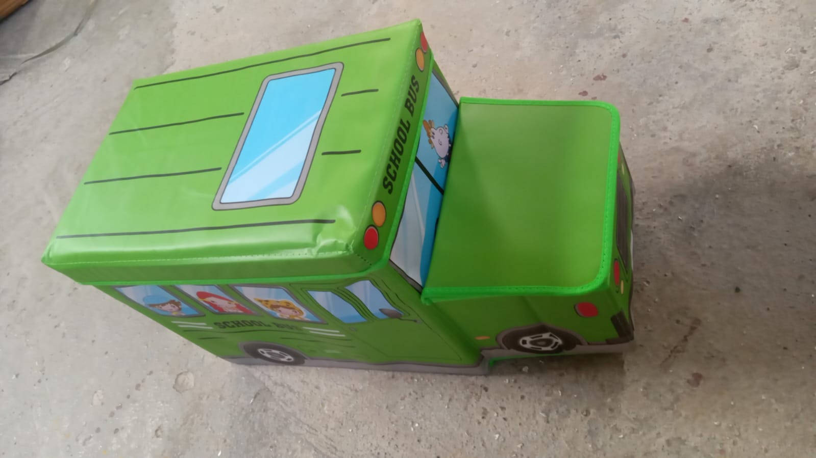 Bus-shaped toy storage box with lid and foldable feature for kids&