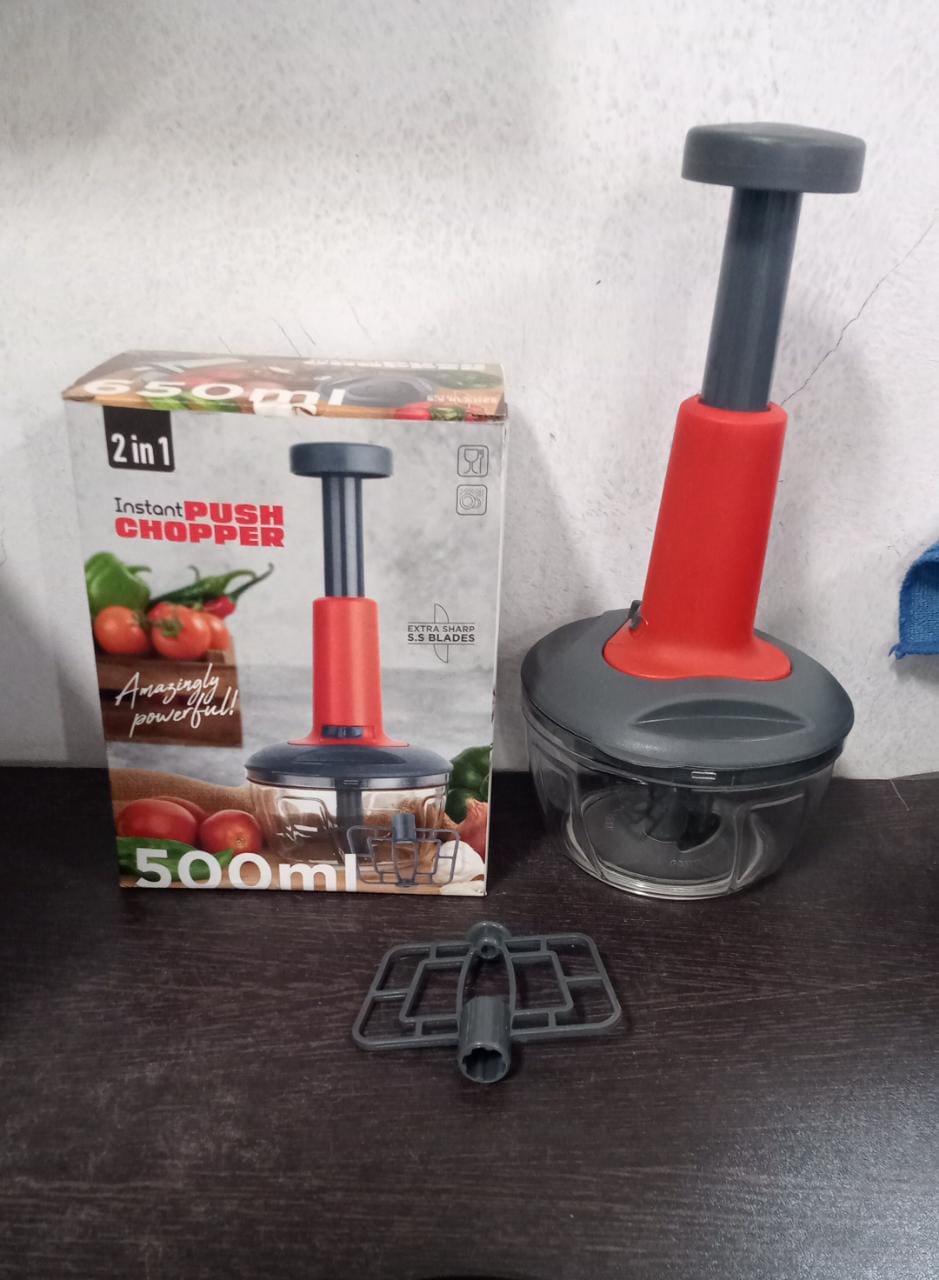 Compact hand press chopper with matte finish, 3 blades, full view