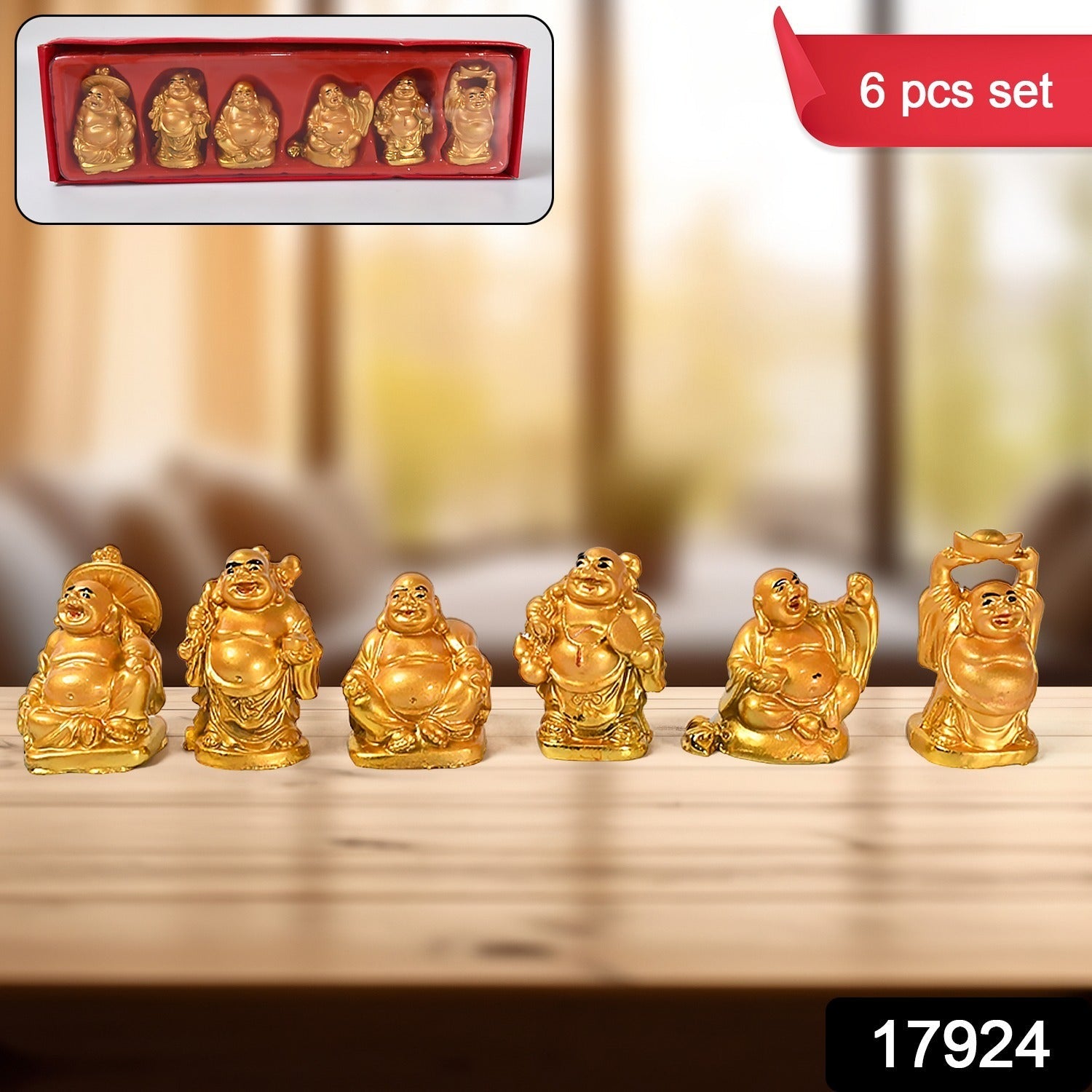 Golden Laughing Buddha Set Of Six Pieces Statue For Happiness, Wealth &amp; Good luck Decor For Wealth and Success (6 Pcs Set)