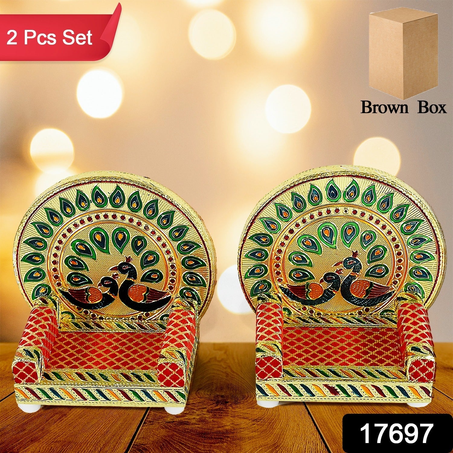 Meenakari Work Laddu Gopal Singhasan for Pooja Mandir Wooden Krishna Ladoo Bal Gopal Sofa Asan, Home Decorative Premium Look Decorative Singhasan Suitable For Home, Office, Restaurant (2 Pc Set)