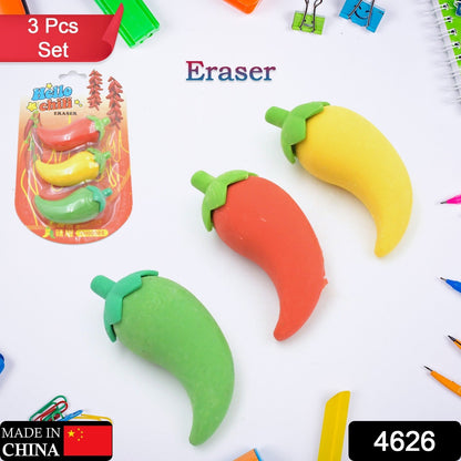 3D Fancy &amp; Stylish Colorful Chili Shape Erasers, Mini Eraser Creative Cute Novelty Eraser for Children Eraser Set for Return Gift, Birthday Party, School Prize, (3 pc Set)