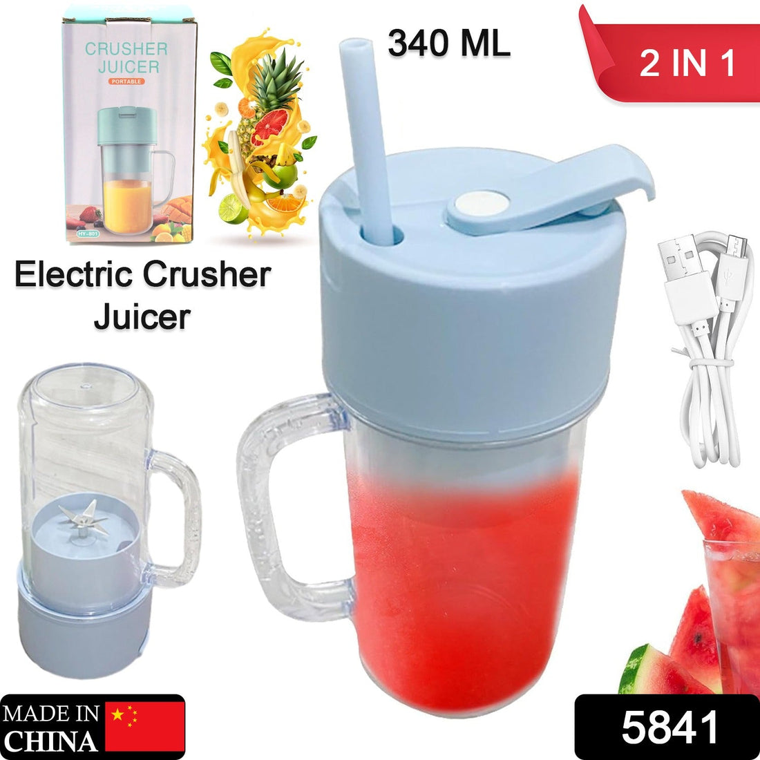 2 In1 Portable Crusher Juicer With Handle &amp; Straw for Smoothie Sipper USB Rechargeable (340 ml) 6 Stainless Steel Blades Compact Juicer Mixer, Juicer Portable Fresh Juice Blender Portable Electric Juicer ( 340 ML )