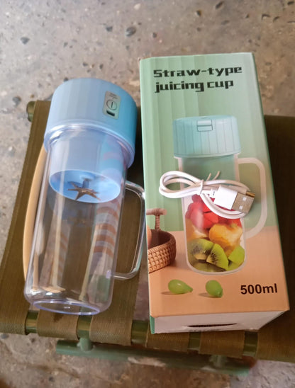 Portable Electric Juicer With Handle &amp; Straw, USB Rechargeable 6 Stainless Steel Blades (500 ML)