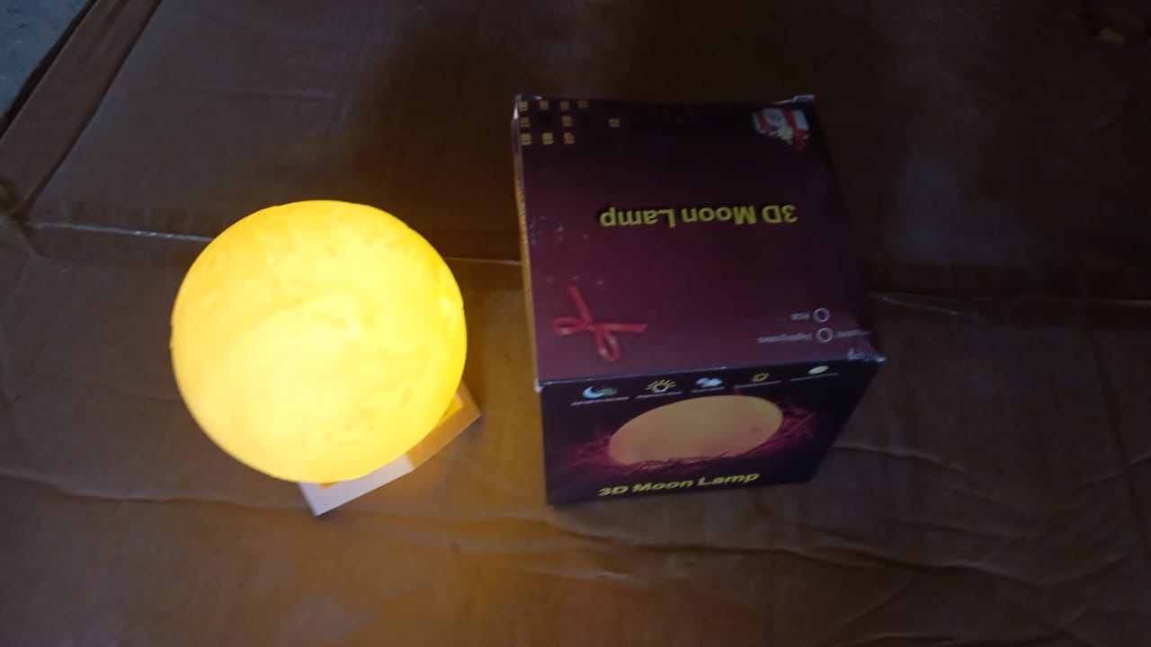 3D Moon Night Lamp with Stand (Color Box /  White &amp; Yellow Light / 1 Pc)