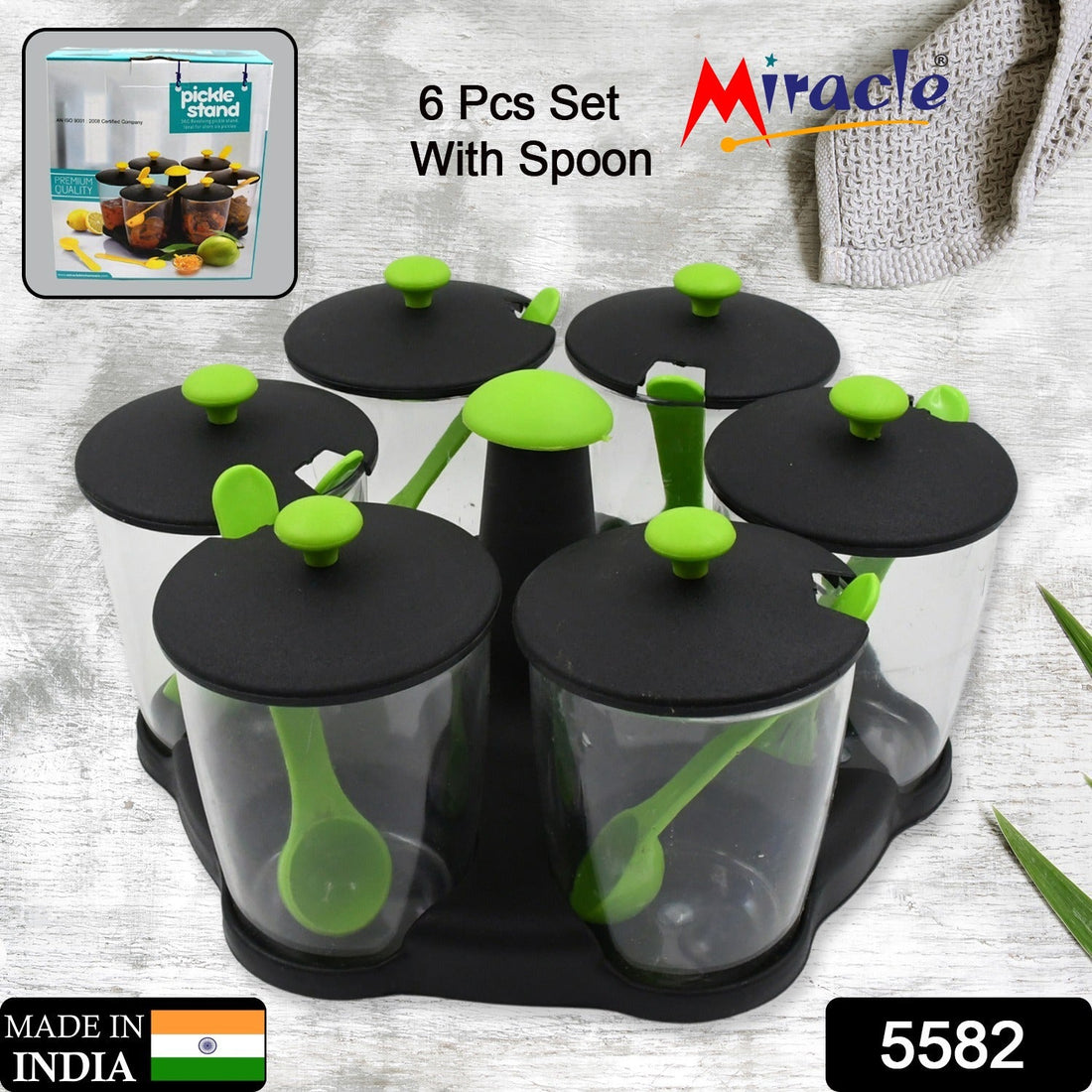 Multipurpose 6 Piece Miracle Revolving Plastic Spice Container Rack With 6 Spoon, Condiment Set, Masala Rack Set, Revolving Spice Rack Aachar Container Chutney Mukhwas Tray Masala Dining Spice Stand