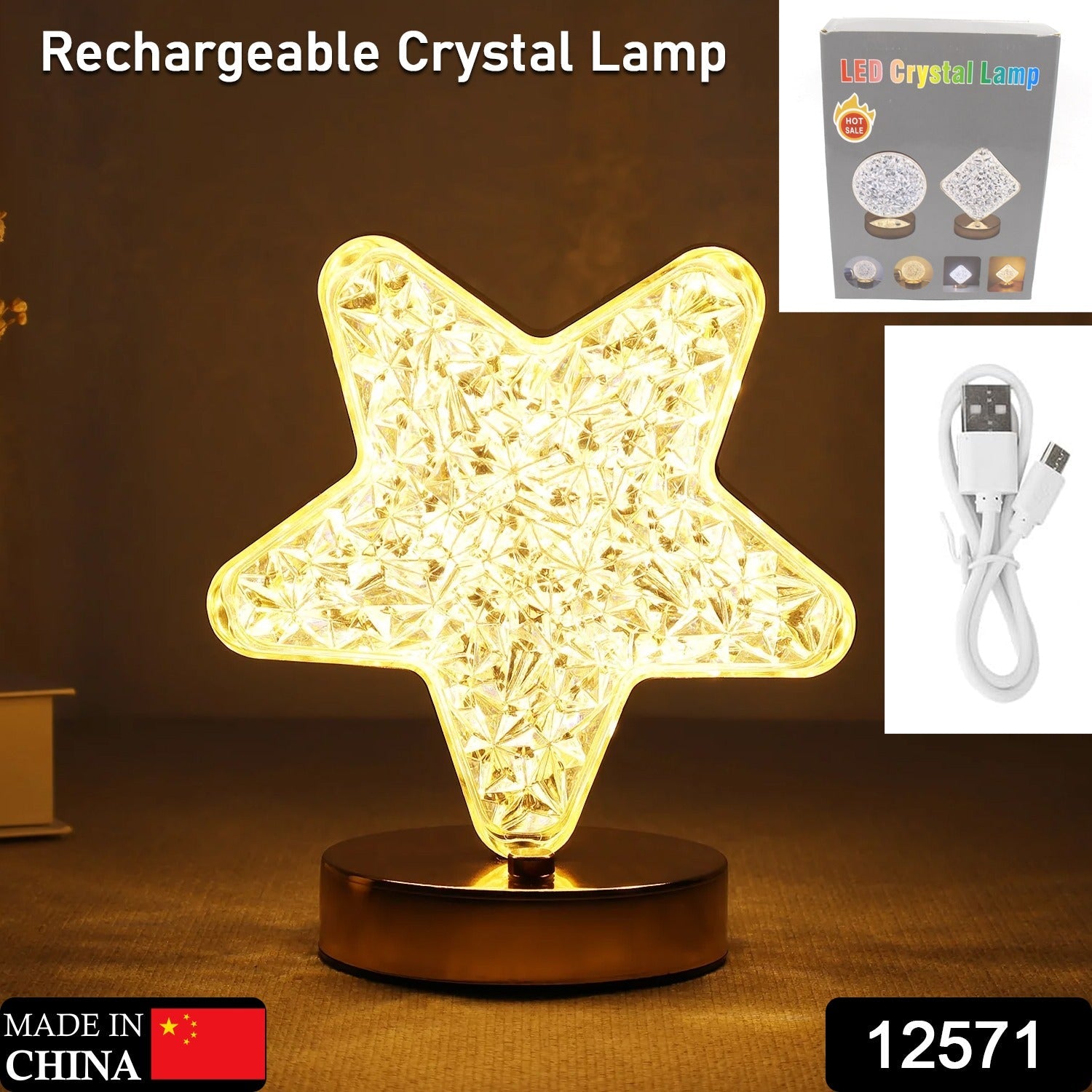 Star Shape Crystal Diamond Lamp Cordless Luxury Lamp with USB Rechargeable, 3-Way Dimmable &amp; Touch Control Decorative Nightstand Lamp for Bedroom, Living Room, Party, Restaurant Decor (1 Pc )