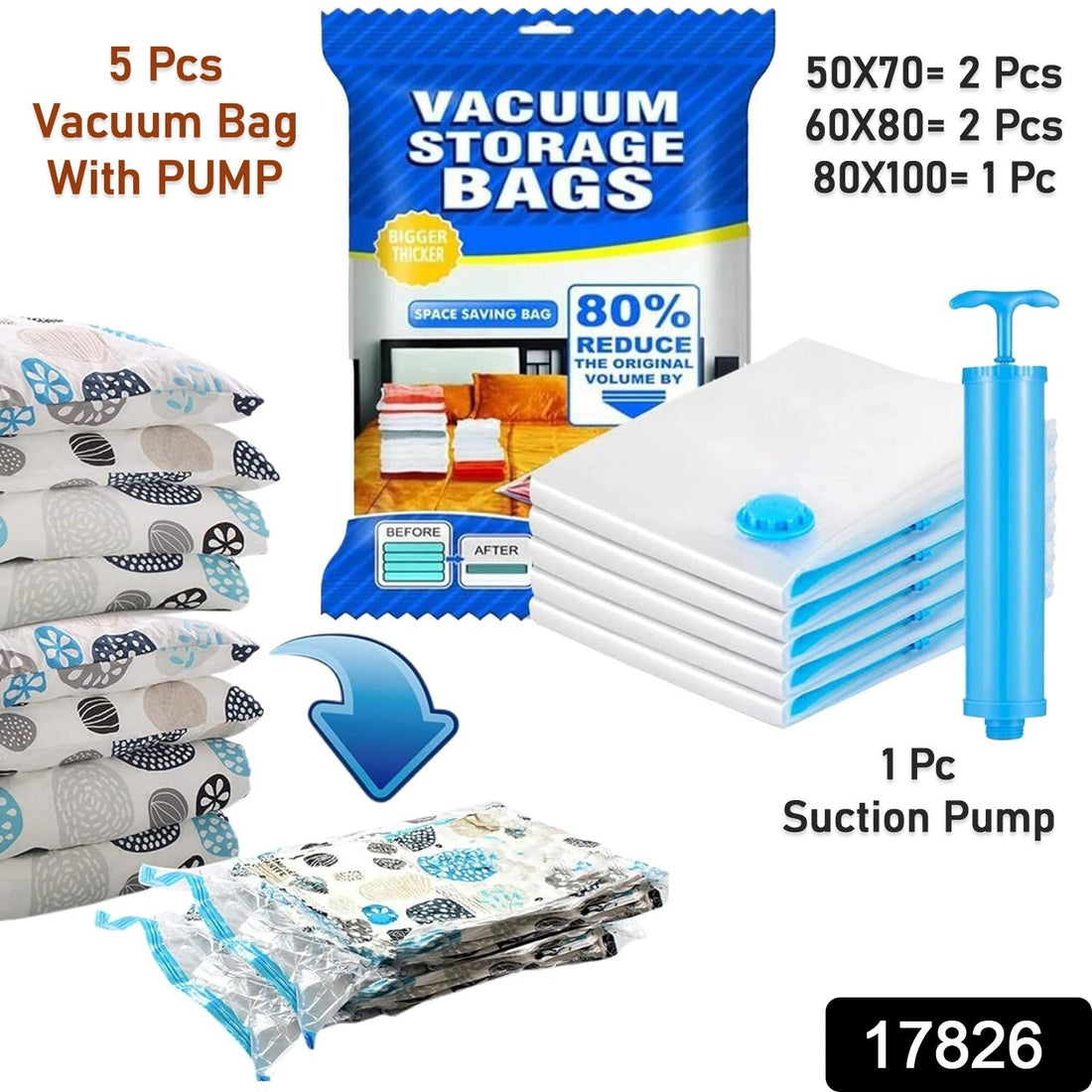 Vacuum Storage Bags with Suction Pump &amp; Shirt clips - Vacuum Bags - Big Capacity Vacuum Seal Bags for Travel Clothes Blankets Pillows, Compression Bags | Space Saver Vacuum Storage Bags (5 Pcs Set)