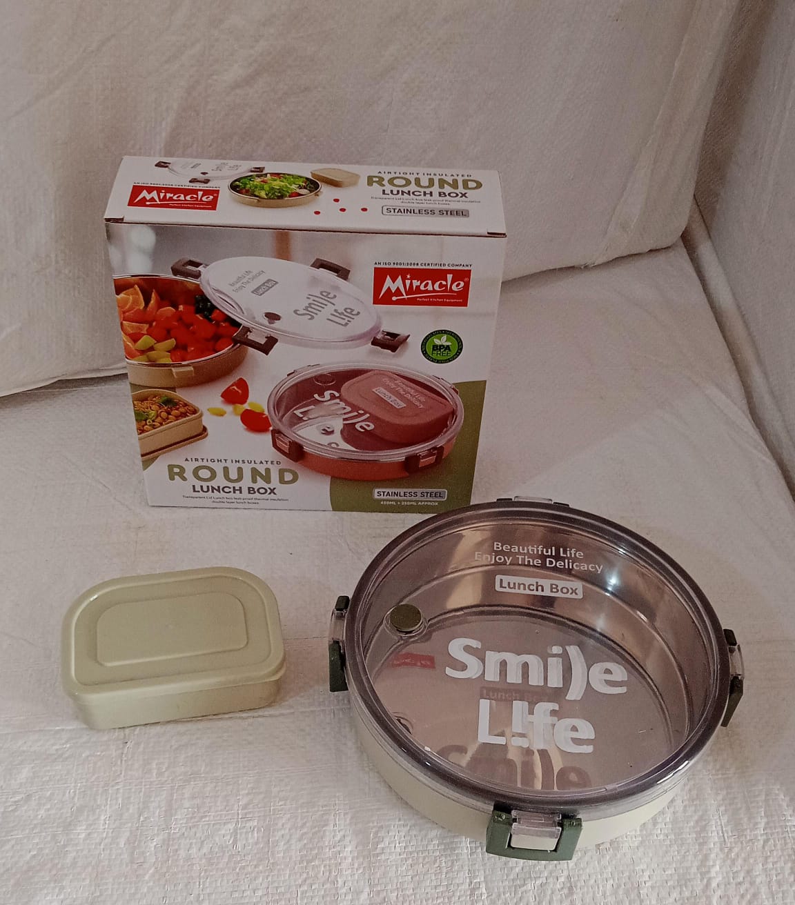 Miracle Stainless Steel Round Lunch Box, with Small Plastic Box Insert Leak Proof Lunch Box with Transparent lid, Lunch Box for Kids &amp; Adults for School, Office (450 ML + 250 ML Approx)