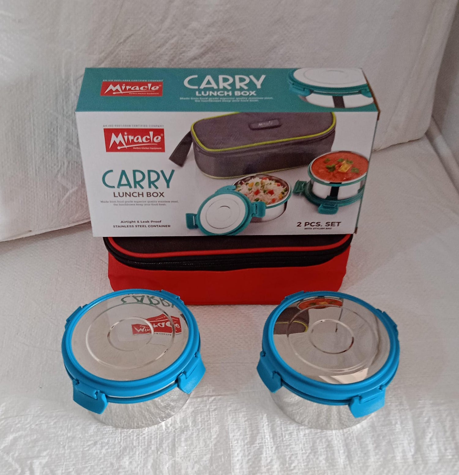 Miracle Carry Lunch Box Microwave Safe Lunch Box With Insulated Bag 2 Compartment Lunch Box (400 ML / 2 pc)