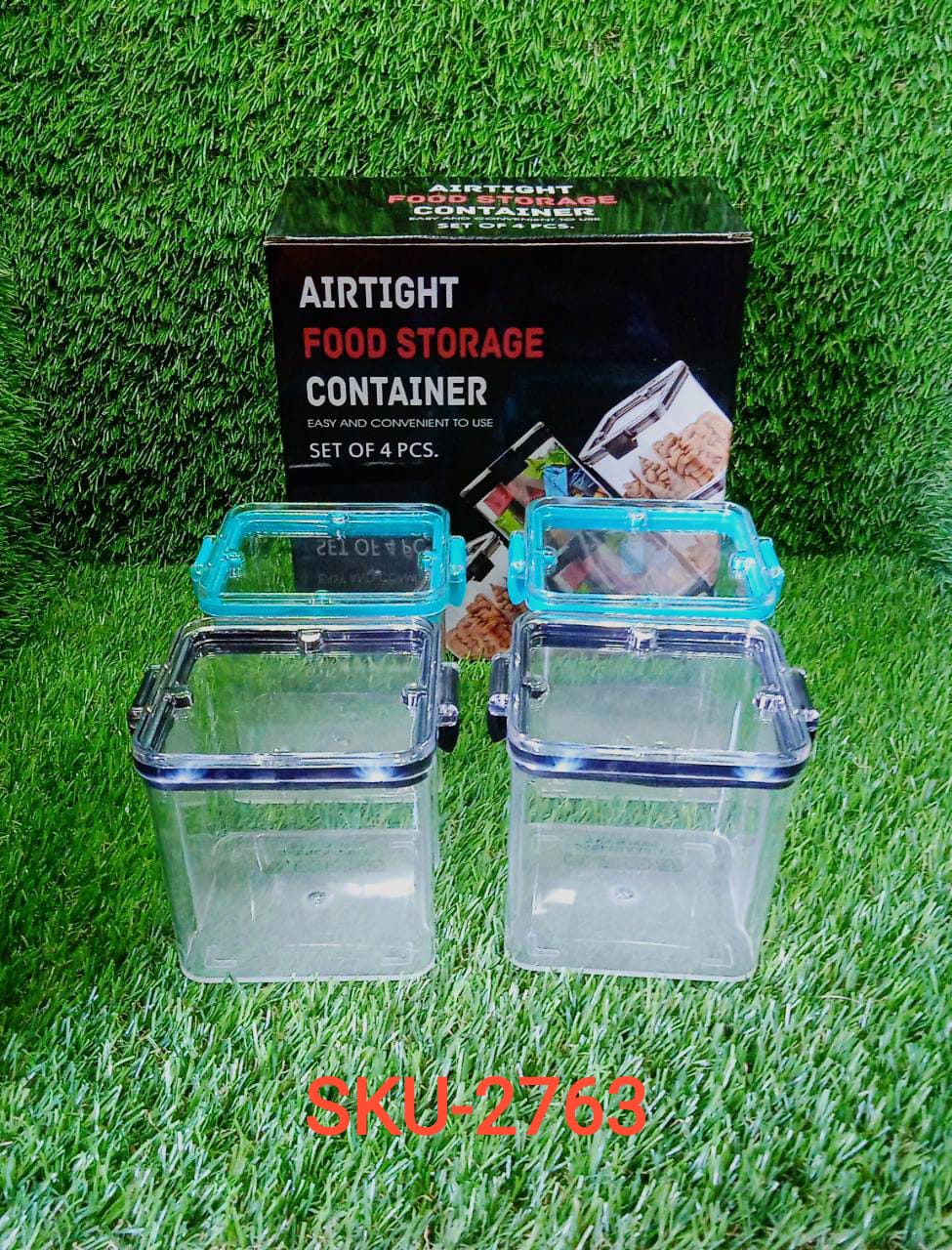 Four square food storage containers, showing different uses and arrangements.