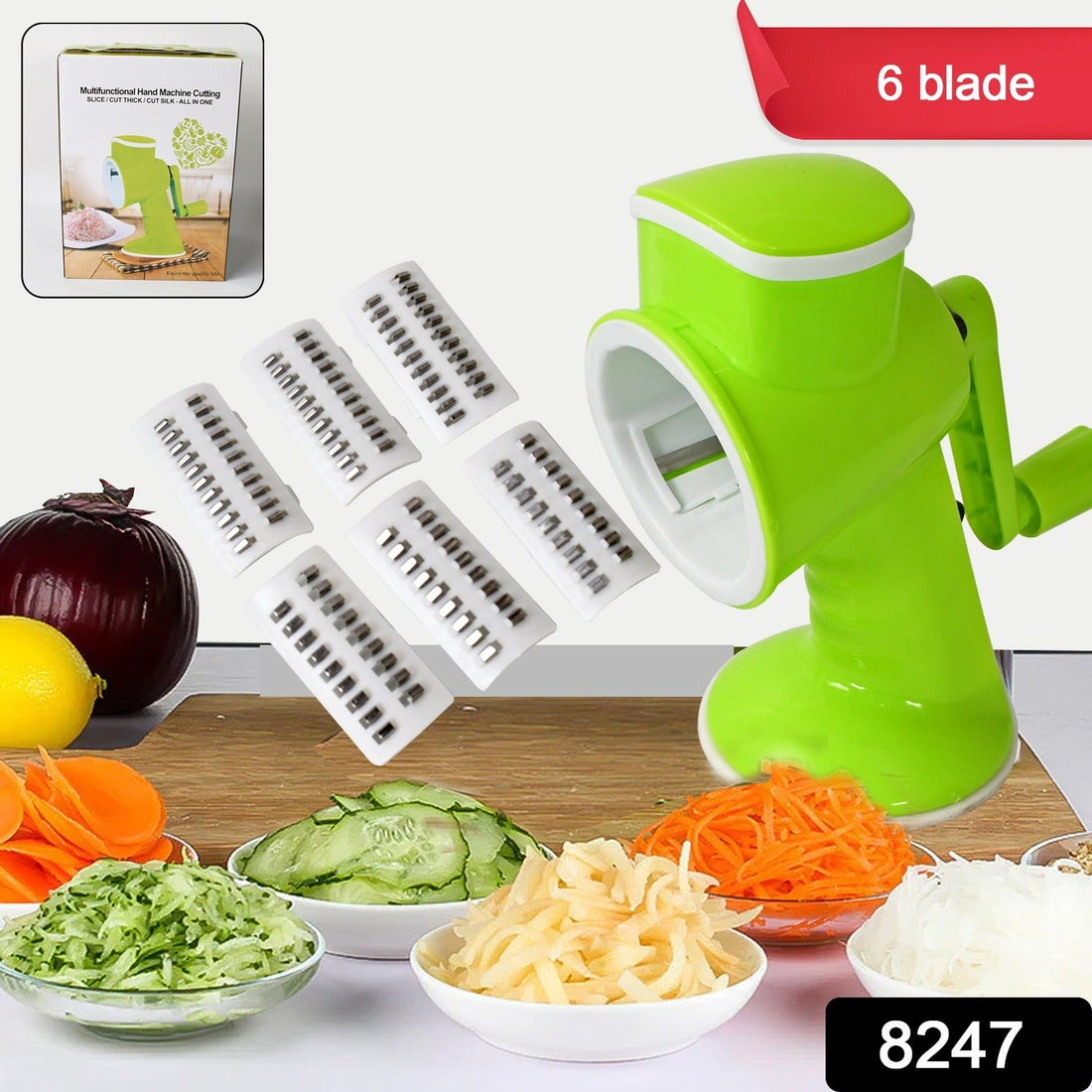 6 in 1 Multi functional Vegetable Cutter &amp; Slicer Hand Machine Cutting, Slice, Cut Thick, Cut Silk All in one –Vegetable Chopper Cutter &amp; Slicing Cutter Barrel - Vegetable Grater with 6 Removable Blades